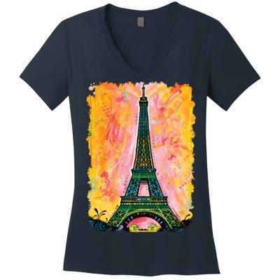 Paris France Colorful Eiffel Tower Women's V-Neck T-Shirt