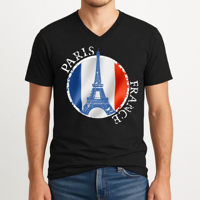 Paris France Peace Eiffel Tower Flag V-Neck T-Shirt