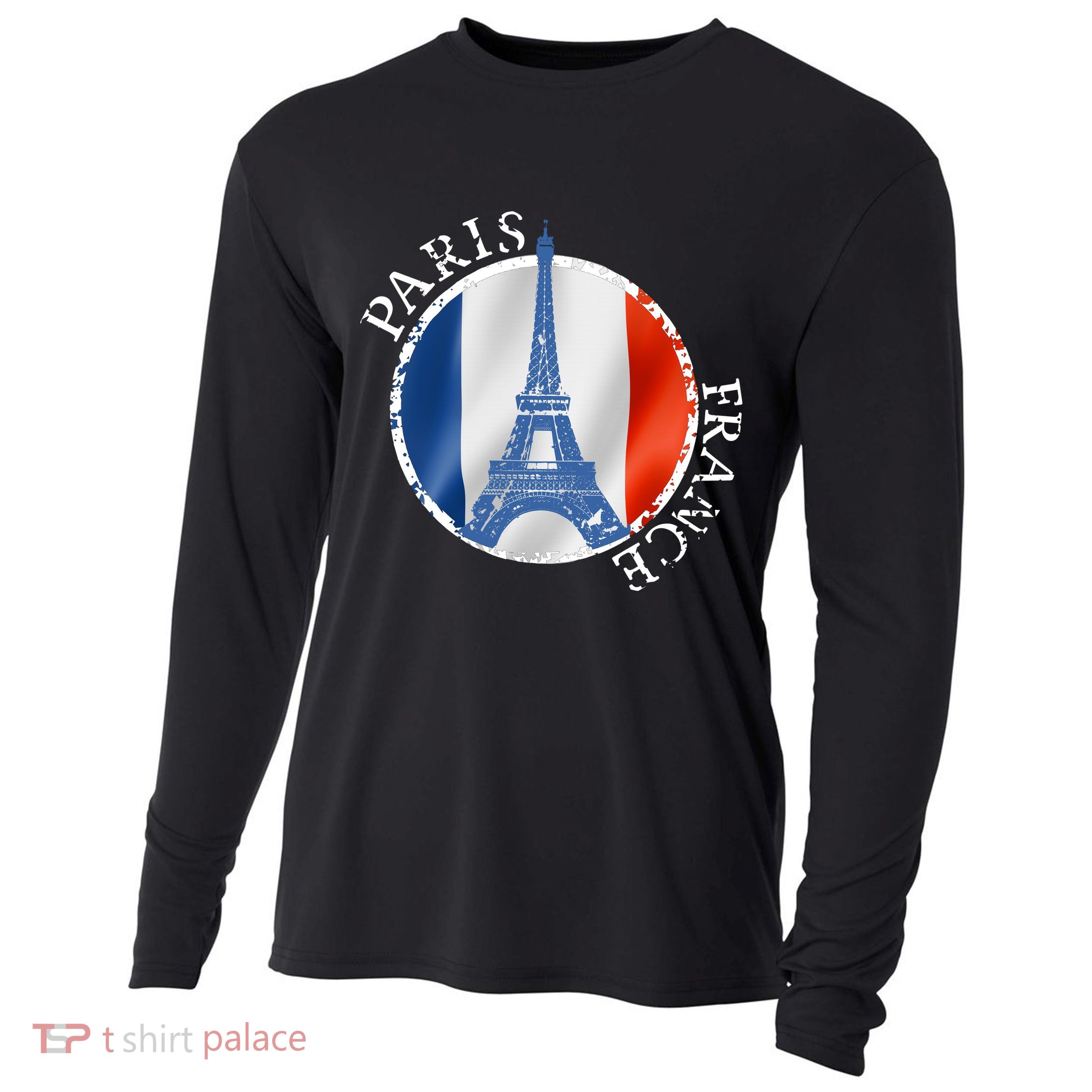 Paris France Peace Eiffel Tower Flag Cooling Performance Long Sleeve Crew