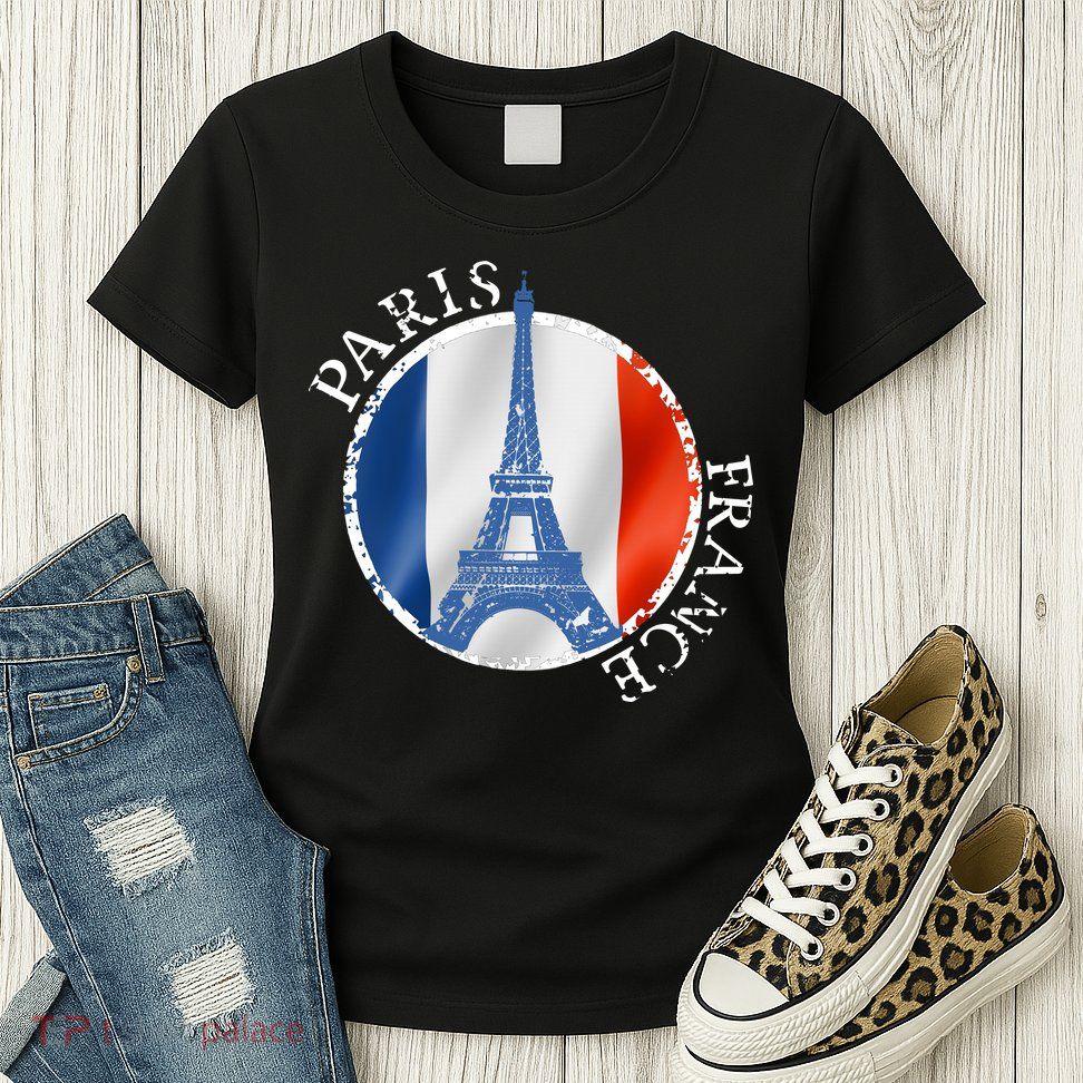 Paris France Peace Eiffel Tower Flag Womens T-Shirt