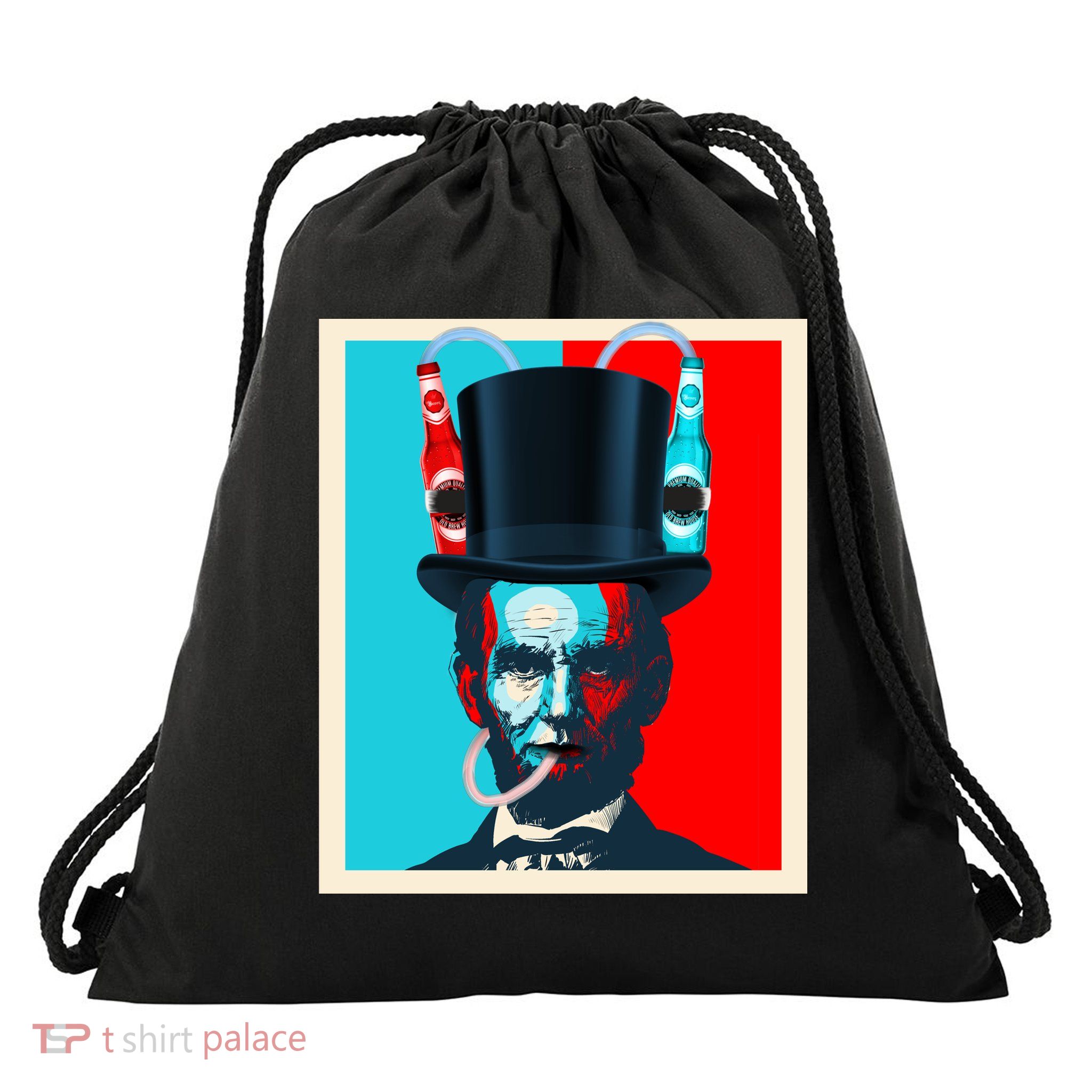 Party With Abe - Abraham Lincoln Drinking Beer Drawstring Bag