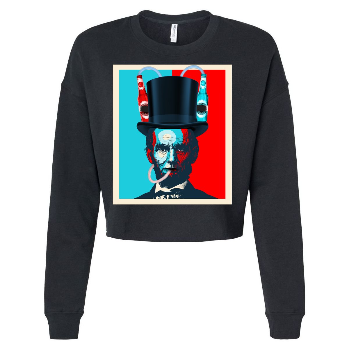 Party With Abe - Abraham Lincoln Drinking Beer Cropped Pullover Crew
