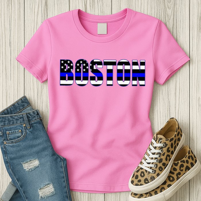 Protect And Serve In Boston Police Flag Pd Womens T-Shirt