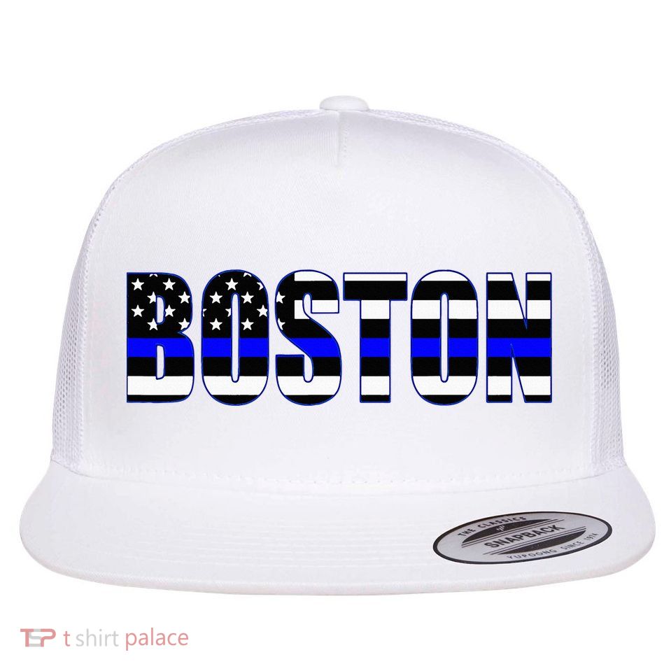 Protect And Serve In Boston Police Flag Pd Flat Bill Trucker Hat