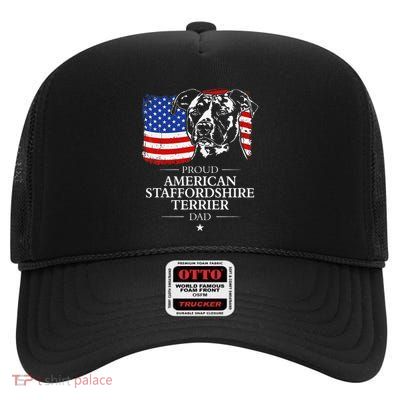 Proud American Staffordshire Terrier Dad American Flag Dog High Crown Mesh Back Trucker Hat