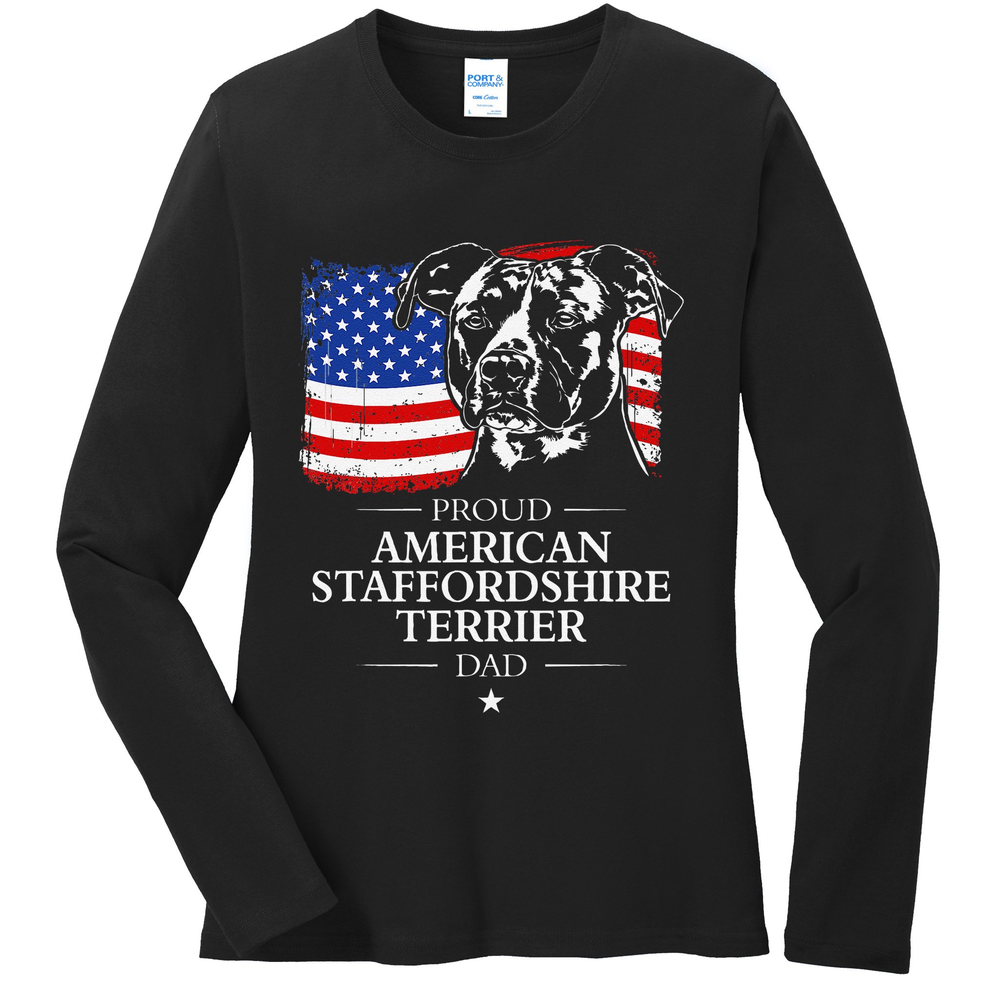 Proud American Staffordshire Terrier Dad American Flag Dog Ladies Long Sleeve Shirt