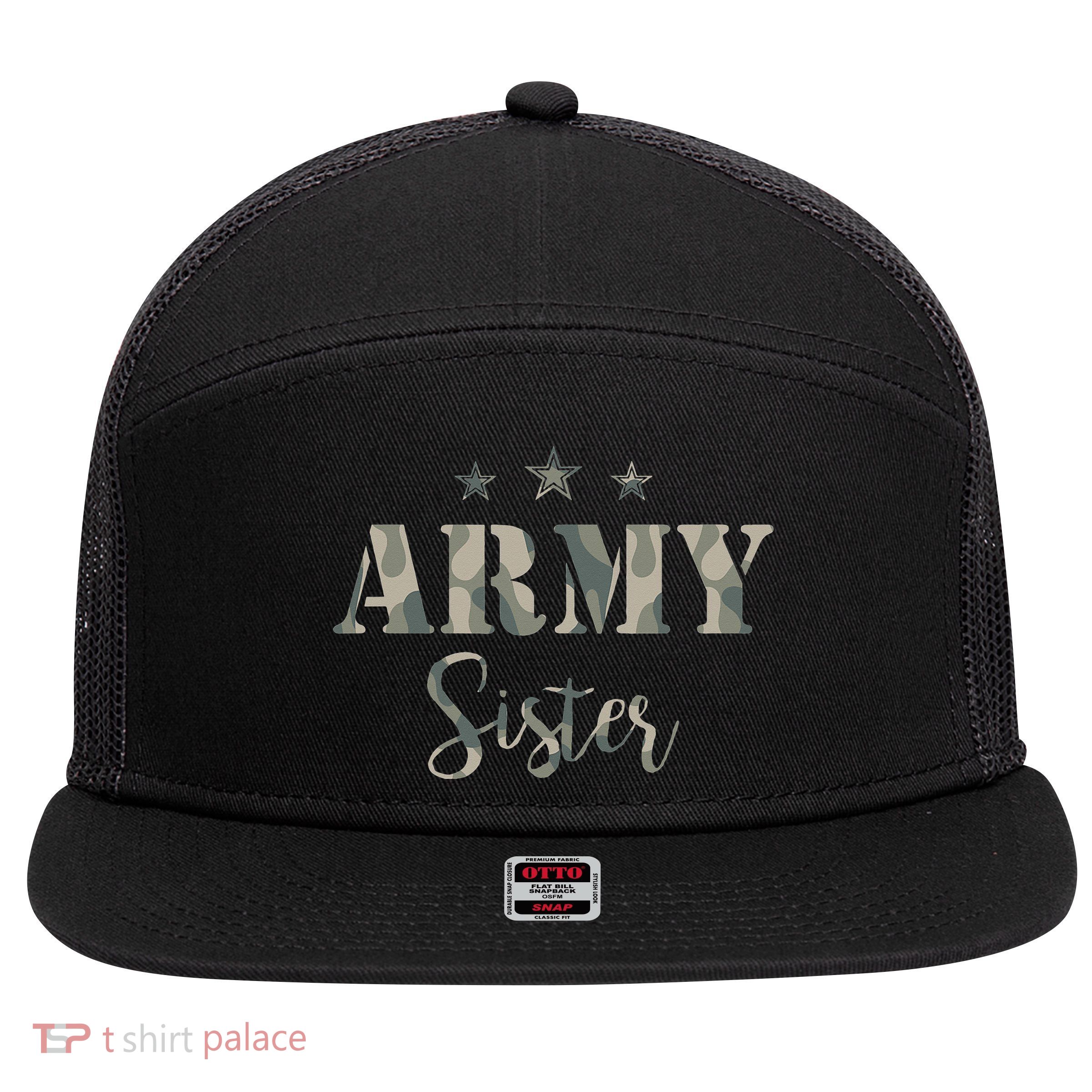 Proud Army Sister Camouflage Army Sister 7 Panel Mesh Trucker Snapback Hat