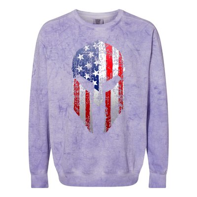 Patriotic American Spartan Warrior Usa Flag Helmet Colorblast Crewneck Sweatshirt