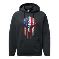 Patriotic American Spartan Warrior Usa Flag Helmet Performance Fleece Hoodie