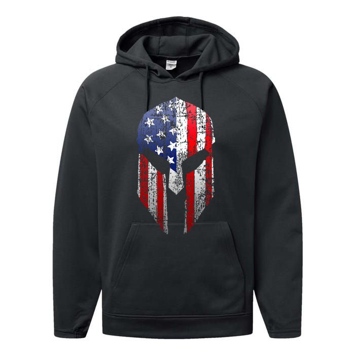 Patriotic American Spartan Warrior Usa Flag Helmet Performance Fleece Hoodie