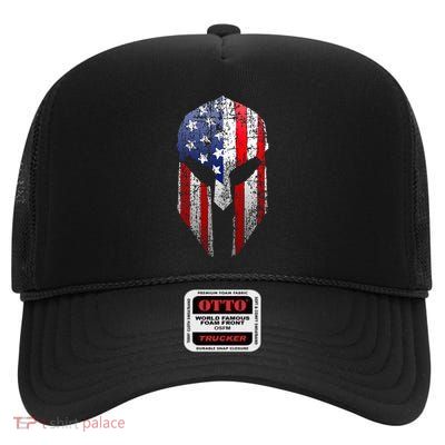 Patriotic American Spartan Warrior Usa Flag Helmet High Crown Mesh Back Trucker Hat