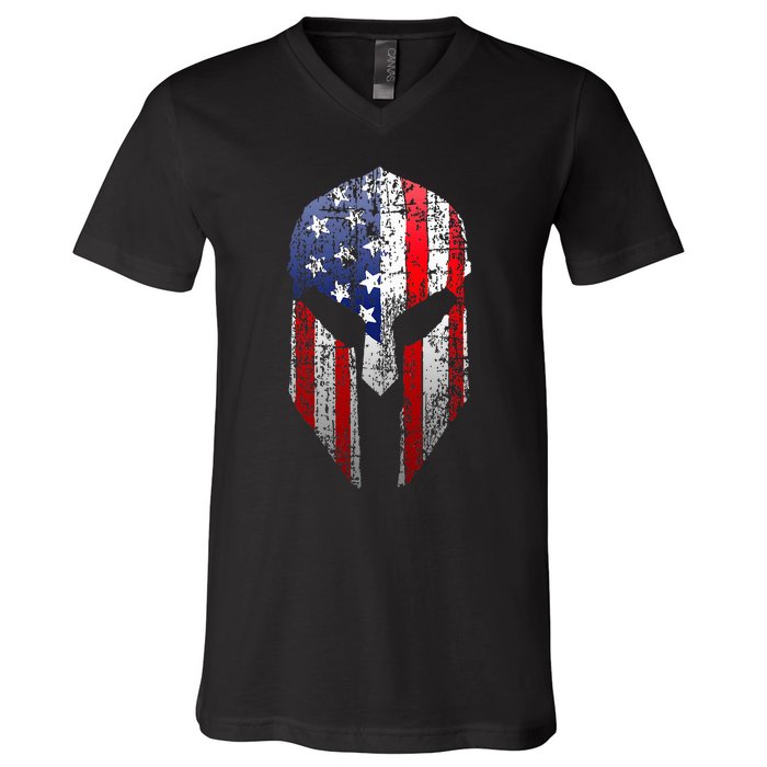 Patriotic American Spartan Warrior Usa Flag Helmet V-Neck T-Shirt