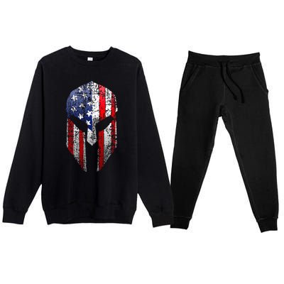 Patriotic American Spartan Warrior Usa Flag Helmet Premium Crewneck Sweatsuit Set