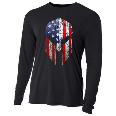 Patriotic American Spartan Warrior Usa Flag Helmet Cooling Performance Long Sleeve Crew