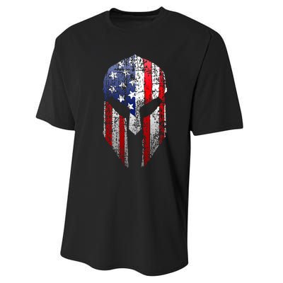 Patriotic American Spartan Warrior Usa Flag Helmet Performance Sprint T-Shirt