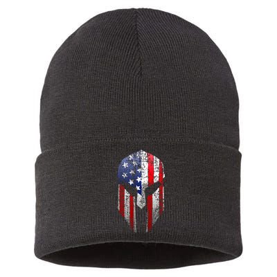 Patriotic American Spartan Warrior Usa Flag Helmet Sustainable Knit Beanie