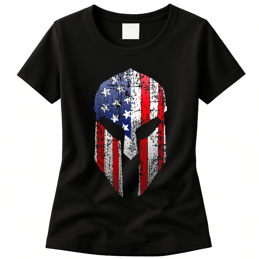Patriotic American Spartan Warrior Usa Flag Helmet Womens T-Shirt