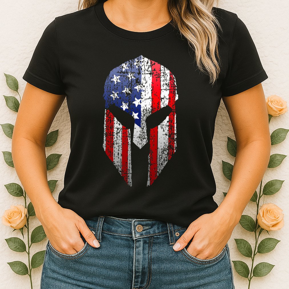 Patriotic American Spartan Warrior Usa Flag Helmet Womens T-Shirt