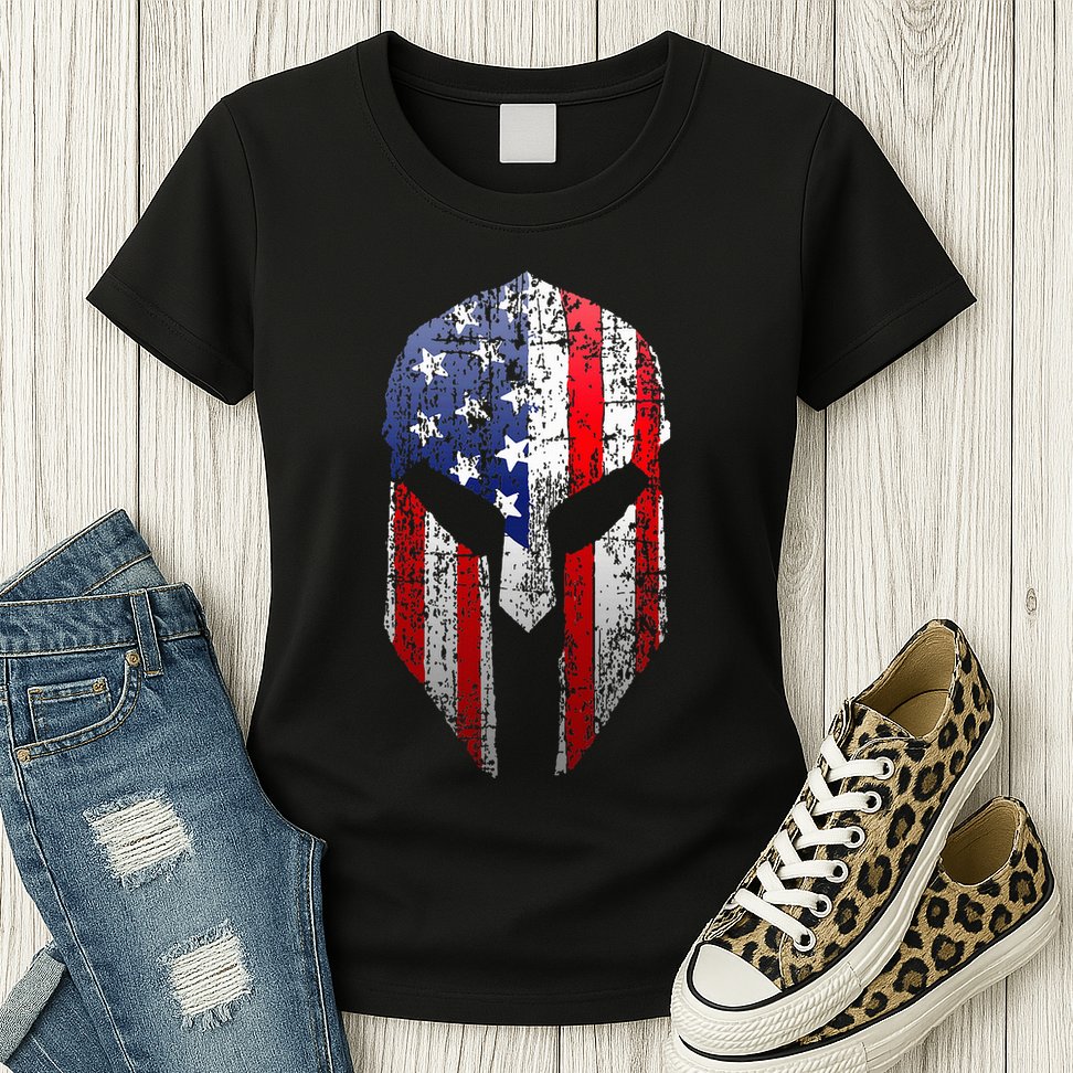 Patriotic American Spartan Warrior Usa Flag Helmet Womens T-Shirt