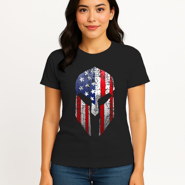 Patriotic American Spartan Warrior Usa Flag Helmet Womens T-Shirt