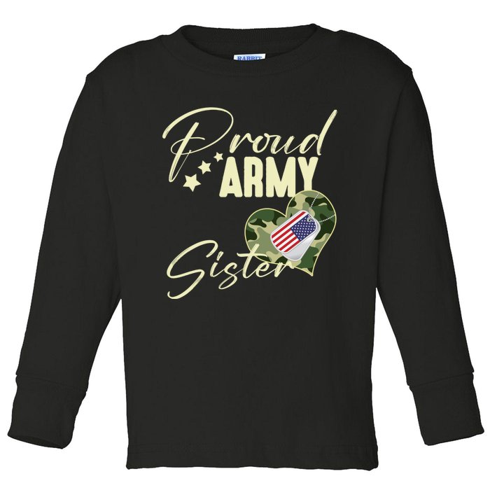 Proud Army Sister Camouflage Dog Tag Usa American Flag Toddler Long Sleeve Shirt