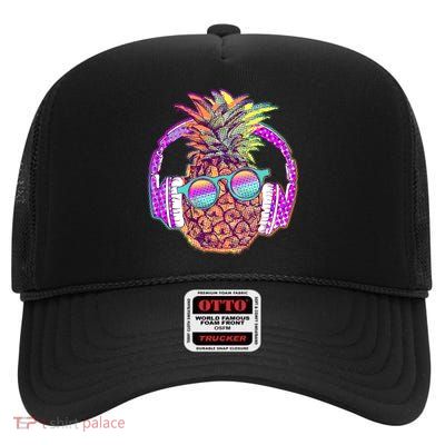 Pop Art Summer Time Headphones Pineapple High Crown Mesh Back Trucker Hat