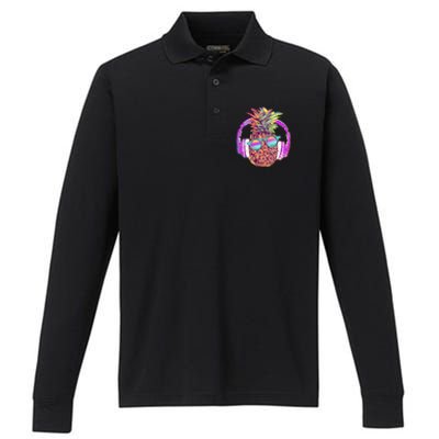 Pop Art Summer Time Headphones Pineapple Performance Long Sleeve Polo