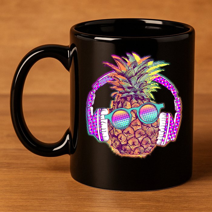 Pop Art Summer Time Headphones Pineapple 11oz C Handle Ceramic Mug