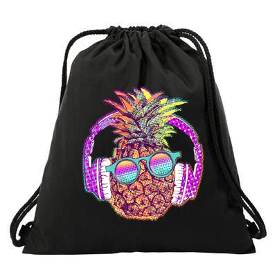 Pop Art Summer Time Headphones Pineapple Drawstring Bag