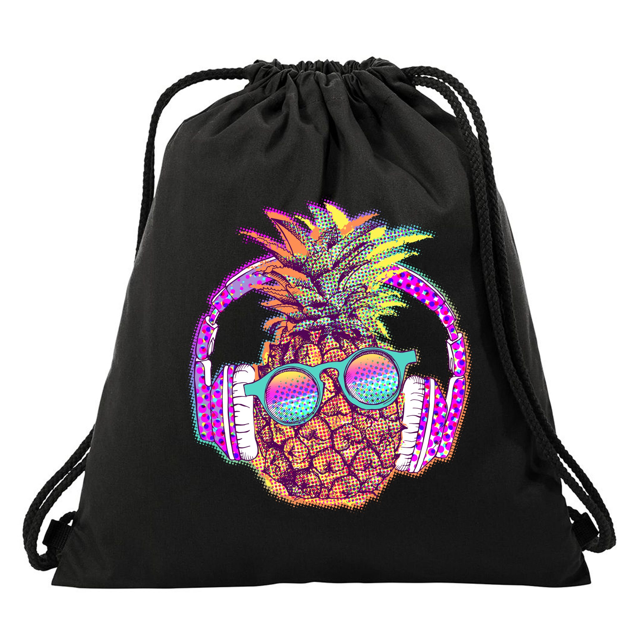 Pop Art Summer Time Headphones Pineapple Drawstring Bag