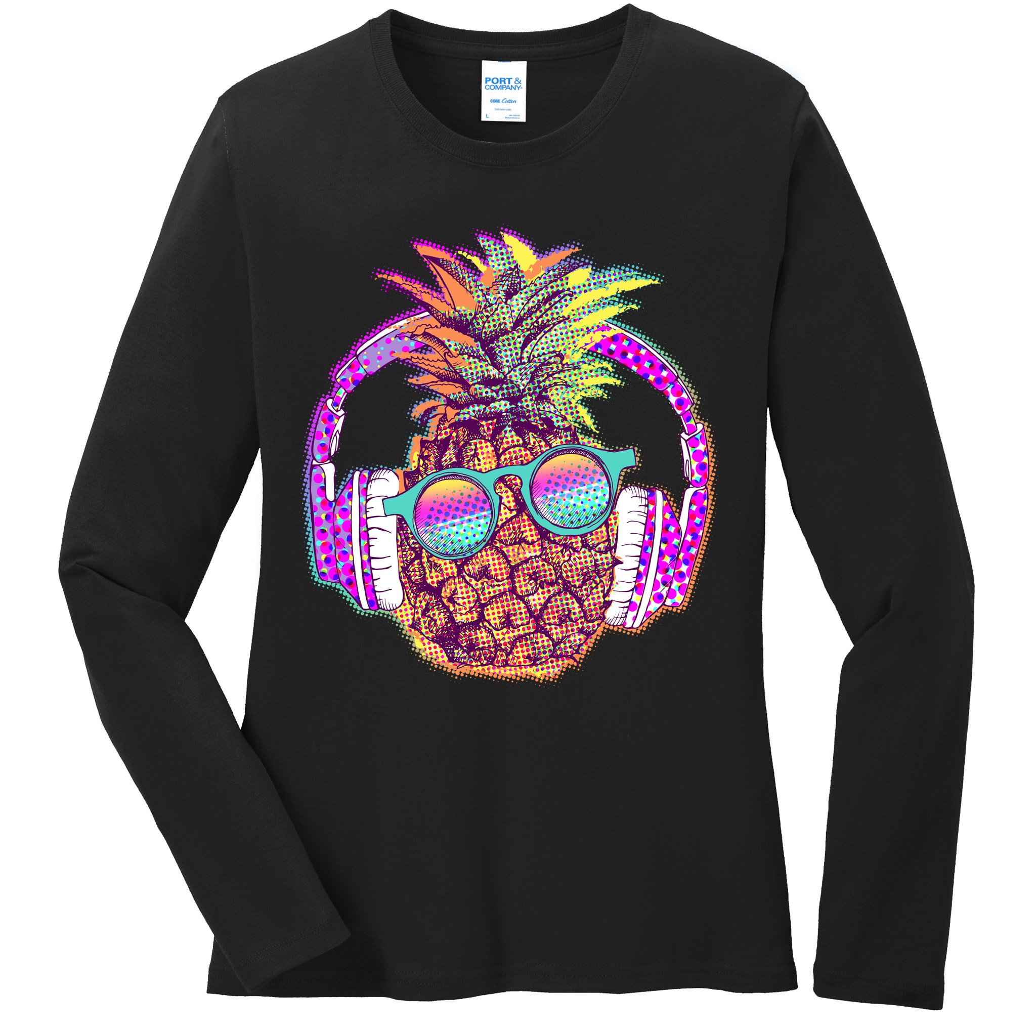 Pop Art Summer Time Headphones Pineapple Ladies Long Sleeve Shirt