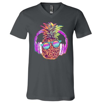 Pop Art Summer Time Headphones Pineapple V-Neck T-Shirt