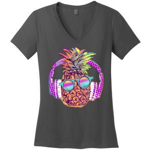 Pop Art Summer Time Headphones Pineapple Women's V-Neck T-Shirt