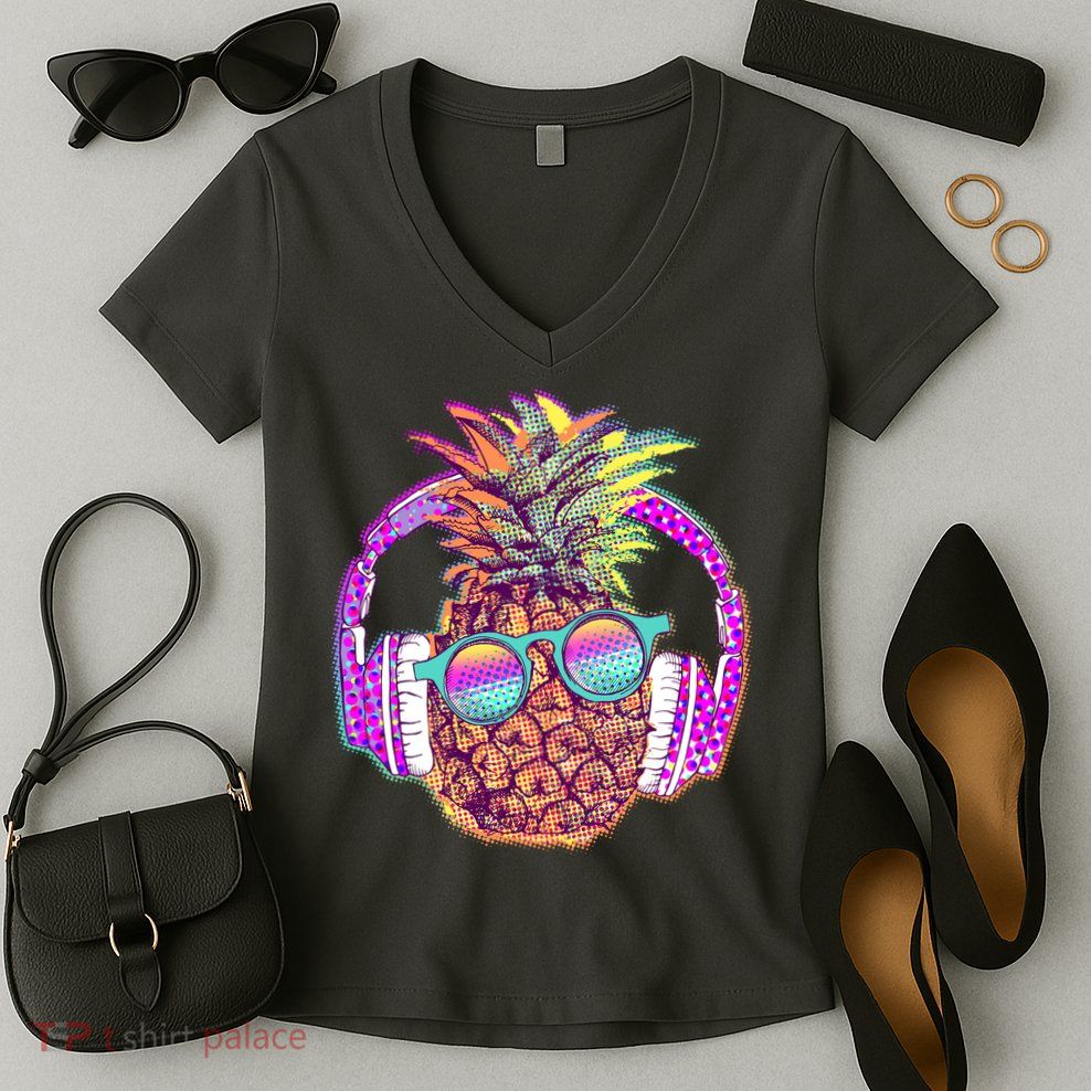 Pop Art Summer Time Headphones Pineapple Women's V-Neck T-Shirt