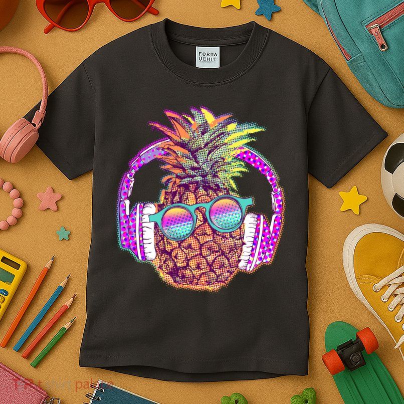 Pop Art Summer Time Headphones Pineapple Kids T-Shirt