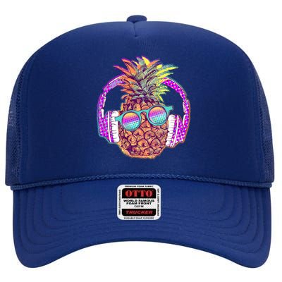 Pop Art Summer Time Headphones Pineapple High Crown Mesh Back Trucker Hat