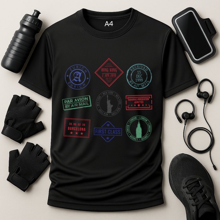 Passport Stamps Travel Cooling Performance Crew T-Shirt