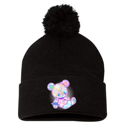 Pastel Kawaii Cute Goth Punk Teddy Bear Pom Pom 12in Knit Beanie