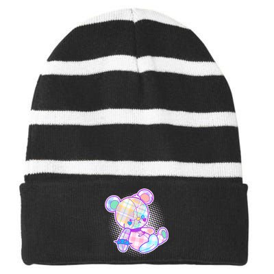 Pastel Kawaii Cute Goth Punk Teddy Bear Striped Beanie with Solid Band