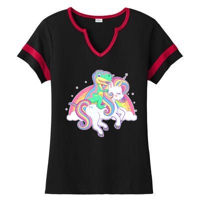 Pastel T-Rex Riding Magical Unicorn Funny Cute Ladies Halftime Notch Neck Tee