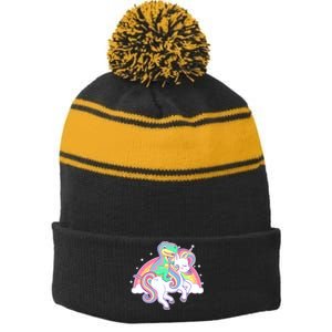 Pastel T-Rex Riding Magical Unicorn Funny Cute Stripe Pom Pom Beanie