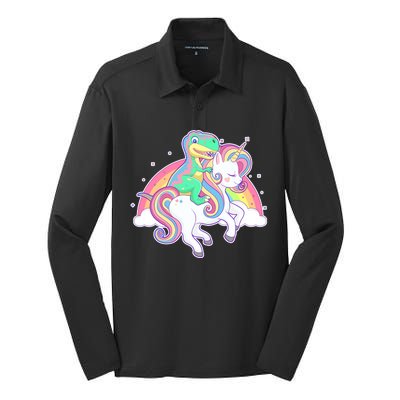 Pastel T-Rex Riding Magical Unicorn Funny Cute Silk Touch Performance Long Sleeve Polo