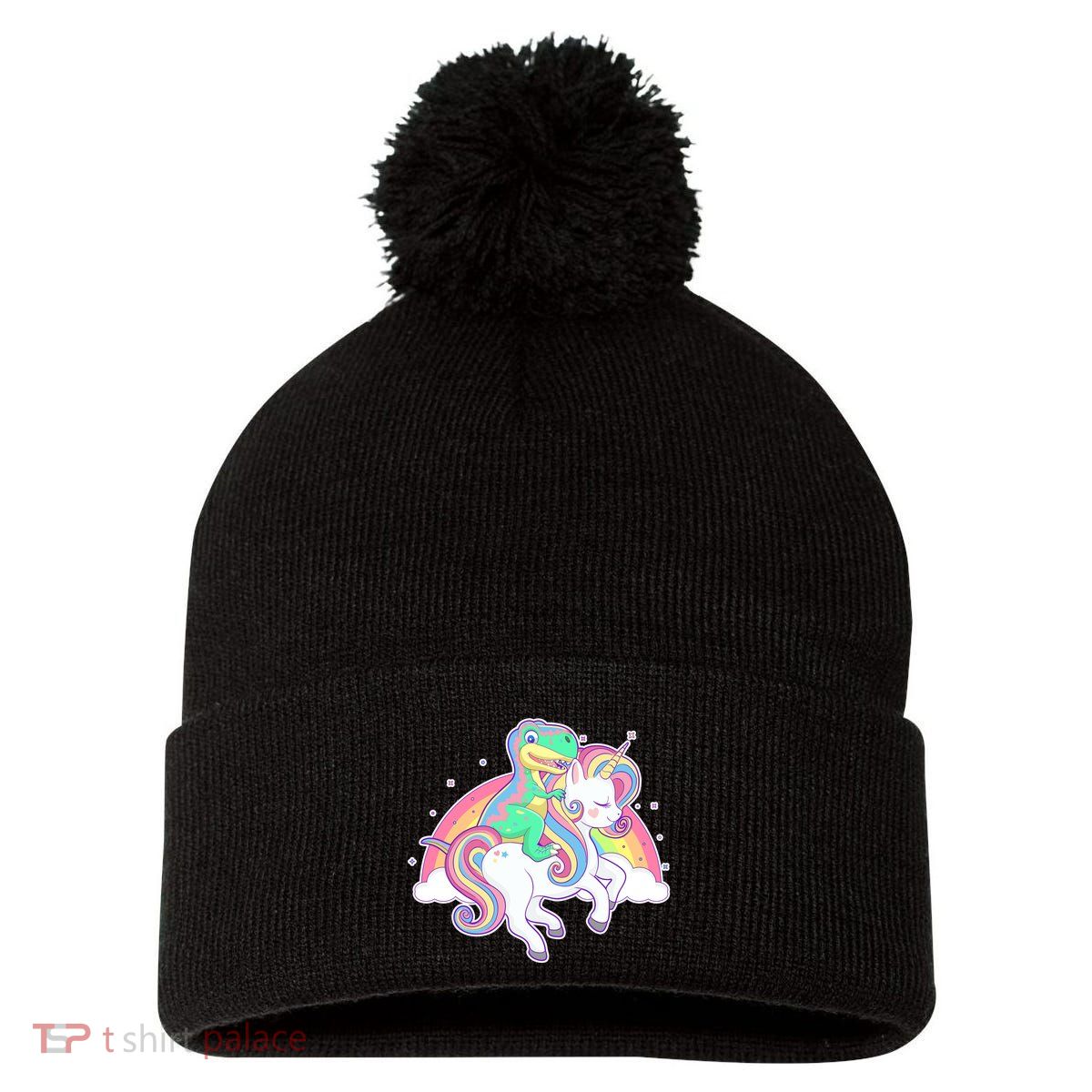 Pastel T-Rex Riding Magical Unicorn Funny Cute Pom Pom 12in Knit Beanie