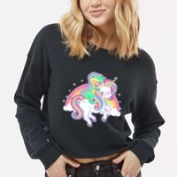 Pastel T-Rex Riding Magical Unicorn Funny Cute Cropped Pullover Crew