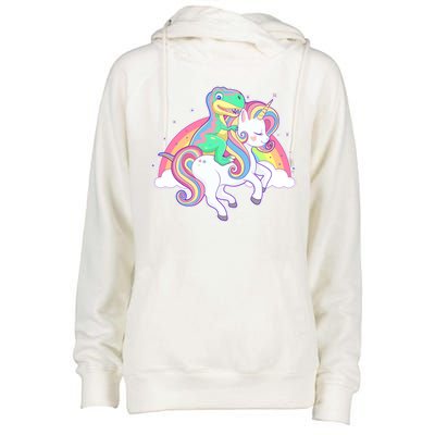 Pastel T-Rex Riding Magical Unicorn Funny Cute Womens Funnel Neck Pullover Hood