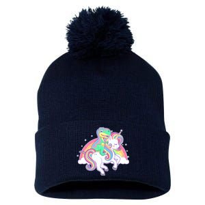 Pastel T-Rex Riding Magical Unicorn Funny Cute Pom Pom 12in Knit Beanie