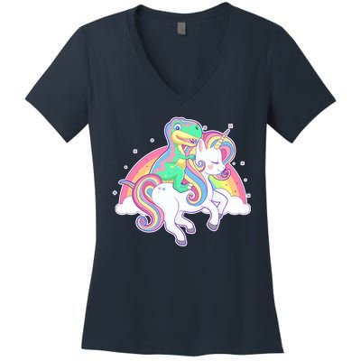 Pastel T-Rex Riding Magical Unicorn Funny Cute Women's V-Neck T-Shirt