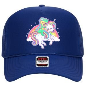 Pastel T-Rex Riding Magical Unicorn Funny Cute High Crown Mesh Back Trucker Hat