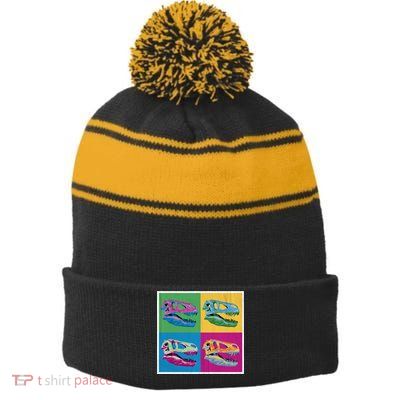 Pop Art TRex Skeleton Tyrannosaurus Rex Stripe Pom Pom Beanie