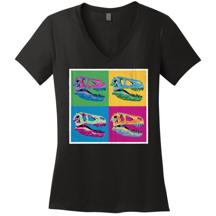 Pop Art TRex Skeleton Tyrannosaurus Rex Women's V-Neck T-Shirt